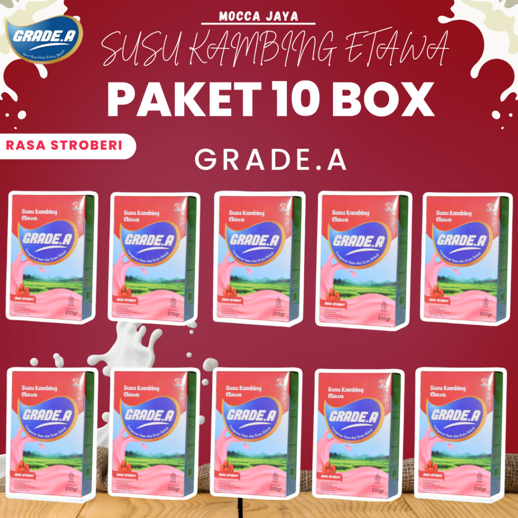 

PAKET MURAH 10&5BOX SUSU KAMBING ETAWA GRADE.A RASA STROBERI 200GR BOX