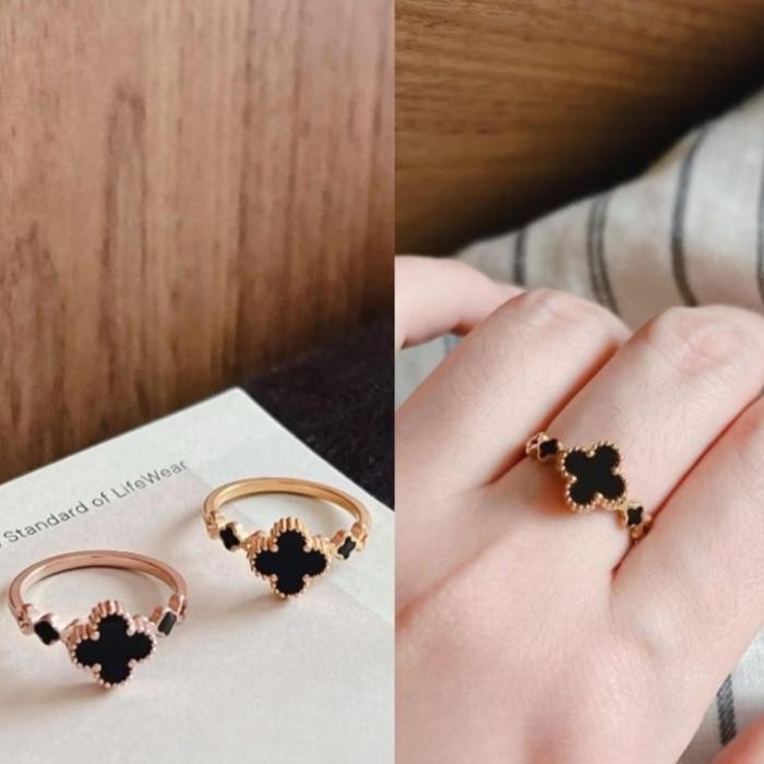 Cincin Wanita Titanium Mahkota Bunga Hitam Aksesoris Rings Model Korea - Gold, 5