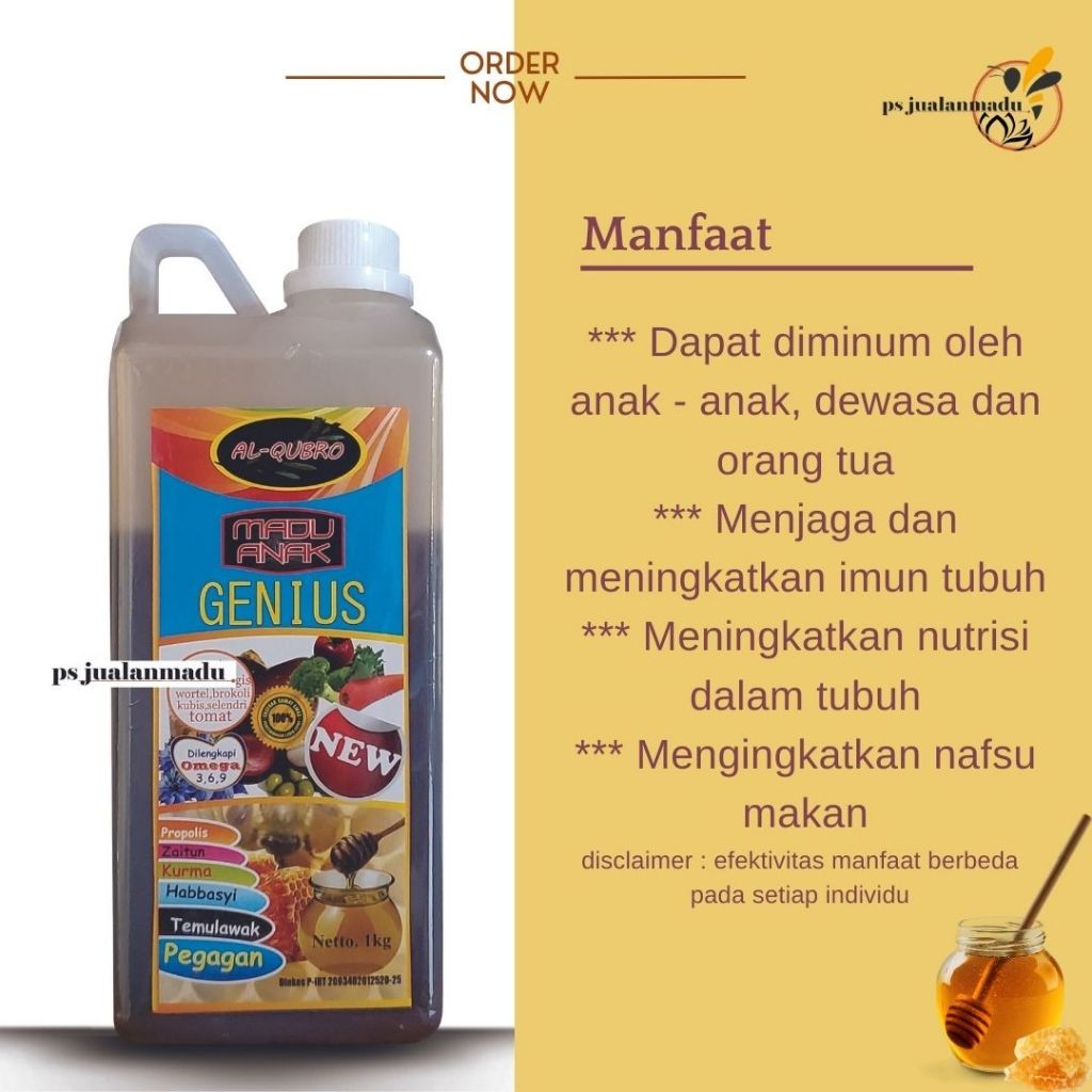 

Madu Anak Genius Al Qubro 1000 ML (derijen plastik 1 kg)