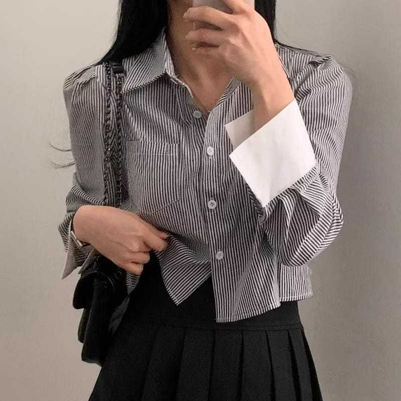 KIELO - ZER KEMEJA CROP ADRIANA SALUR KOMBINASI WARNA LENGAN PANJANG KERAH BAJU KANTORAN / Atasan KE