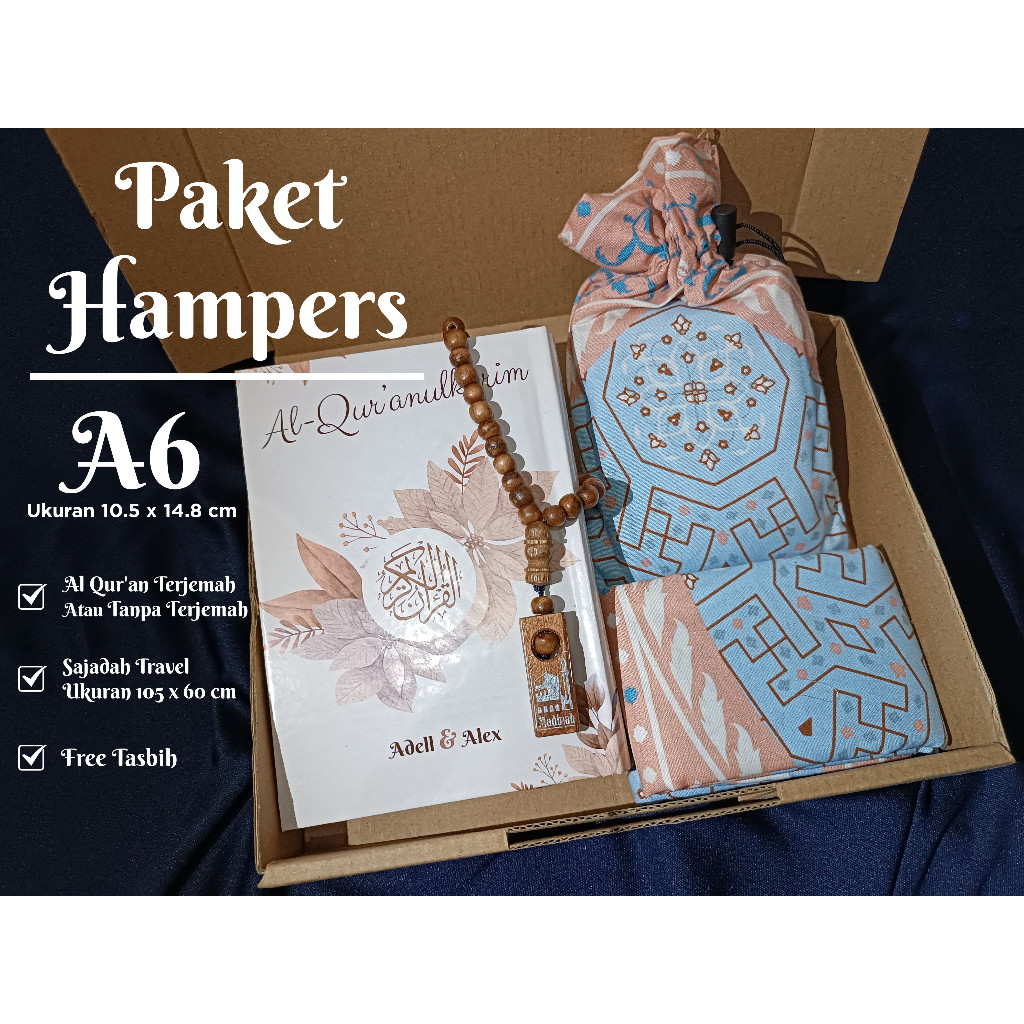 

Hampers Alquran Custom Nama Plus Sajadah Ukuran A6