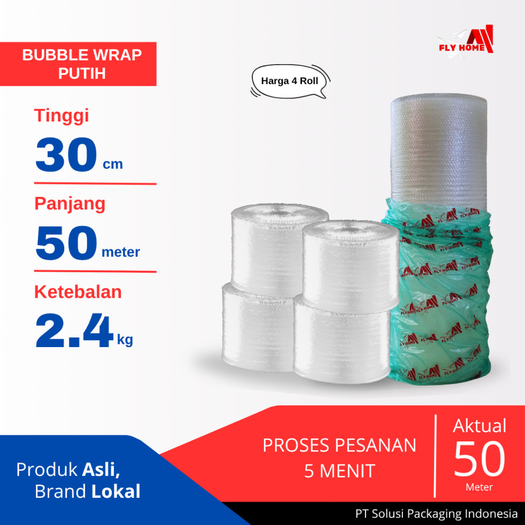 

FLYHOME Bubble wrap putih 2,4kg potongan 30cm 4 roll bublewrap 30x50meter