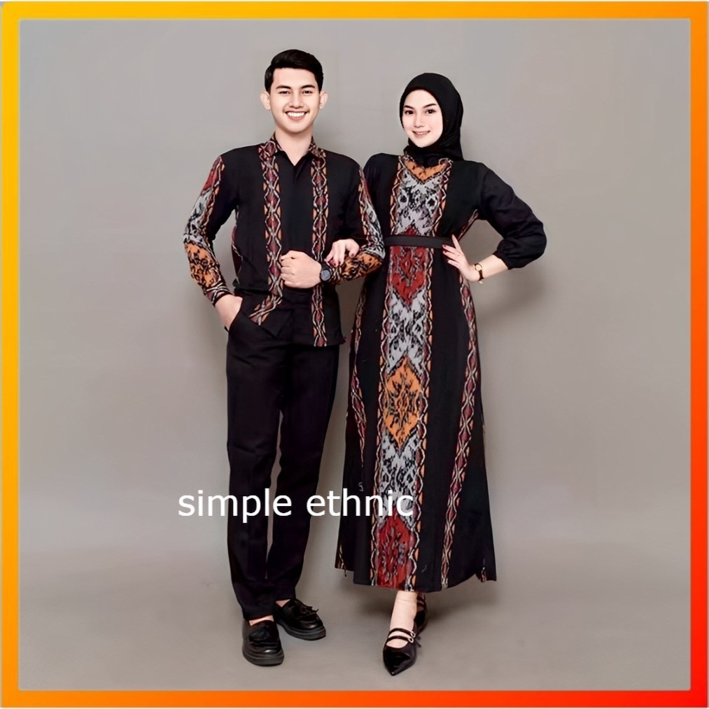 BAJU COUPLE BATIK TENUN FATMA HITAM MARON KEMEJA PRIA DAN GAMIS KONDANGAN SIMPLE ETHNIC