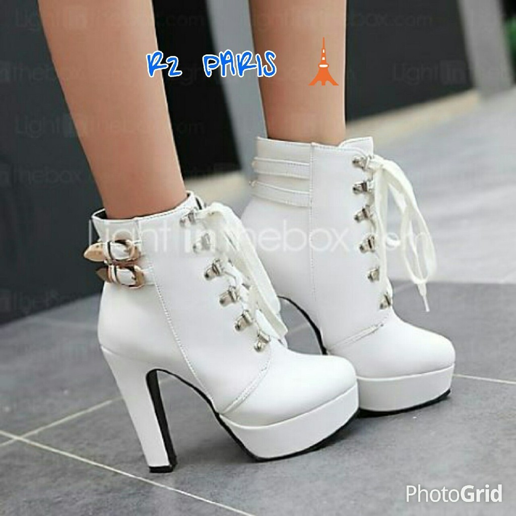 H1 PROMO High Heels Boots Shinlin Kulit Sintetis Putih