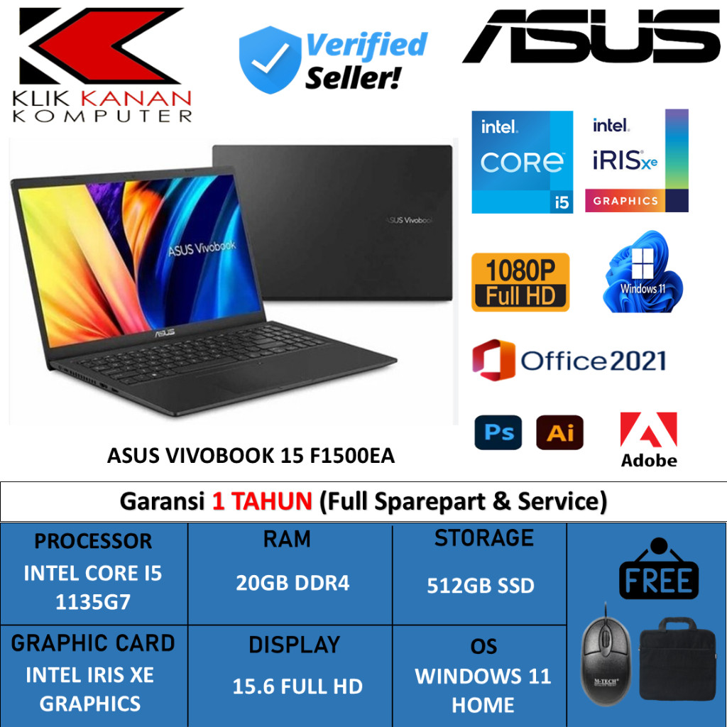 Laptop Asus Vivobook F1500EA intel Core i5 1135G7 20GB 1TB SSD Iris Xe FHD Windows 11 Original