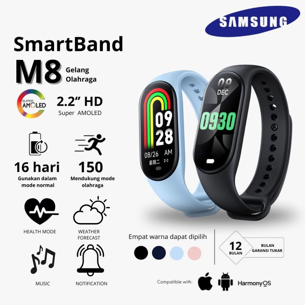 Samsung Smart band M8 Anti Air IP67 Smartwatch Jam Tangan Kesehatan & Olahraga Hematacc