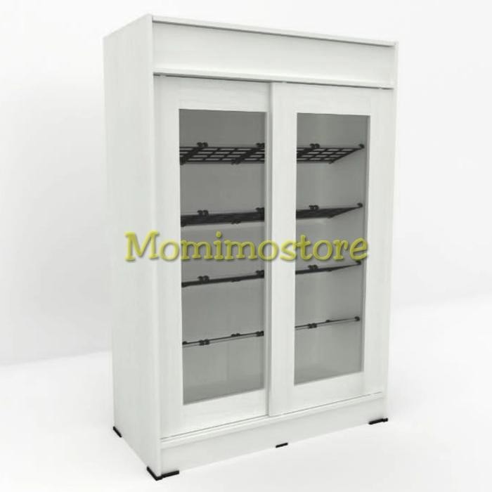 LEMARI RAK SEPATU PINTU GESER SLIDING KACA RAK SEPATU PUTIH MINIMALIS