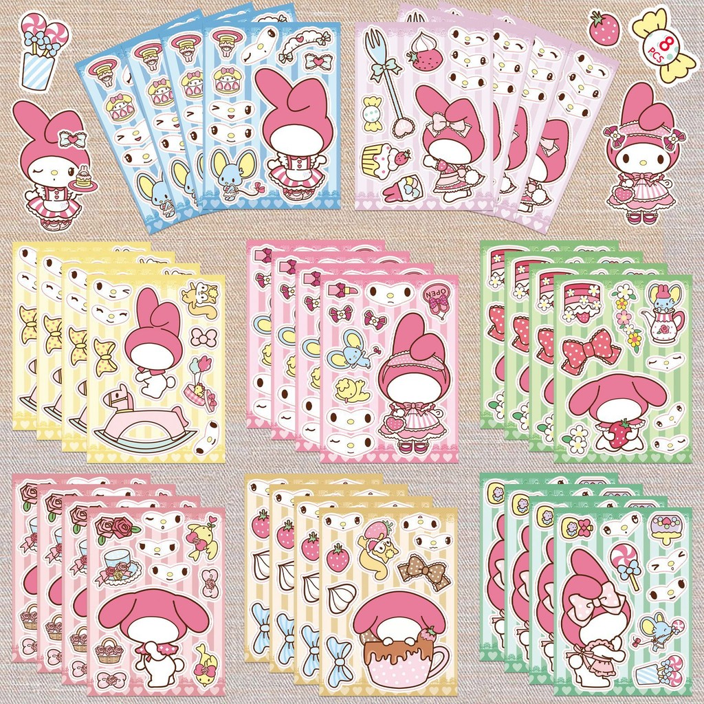 

8 pieces/pack cartoon Sanrio Melody face changing stickers cute Make a face puzzle creative puzzle stickers cute stickers