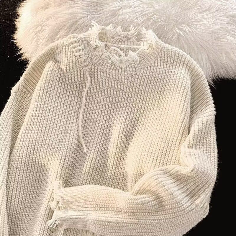 Sweater Jepang Gaya Distressed Pria/Pasangan Hoodie/Sweater Rajut Putih