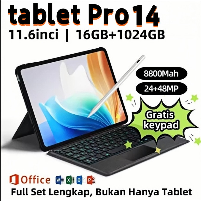 【COD】Tablet  Baru 11.6inch TabPro14 16+1024GB Android  tablet belajar hiburan kantor tablet Tablet A