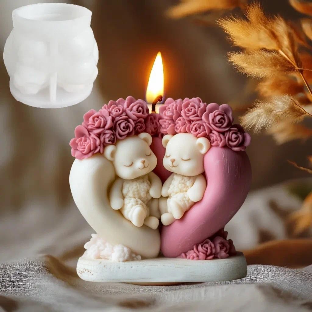 

Bear Candle Silicone Mold Rose Flower Animal Bear Epoxy Resin Mould Love Flower Bear Gypsum Molds Gift