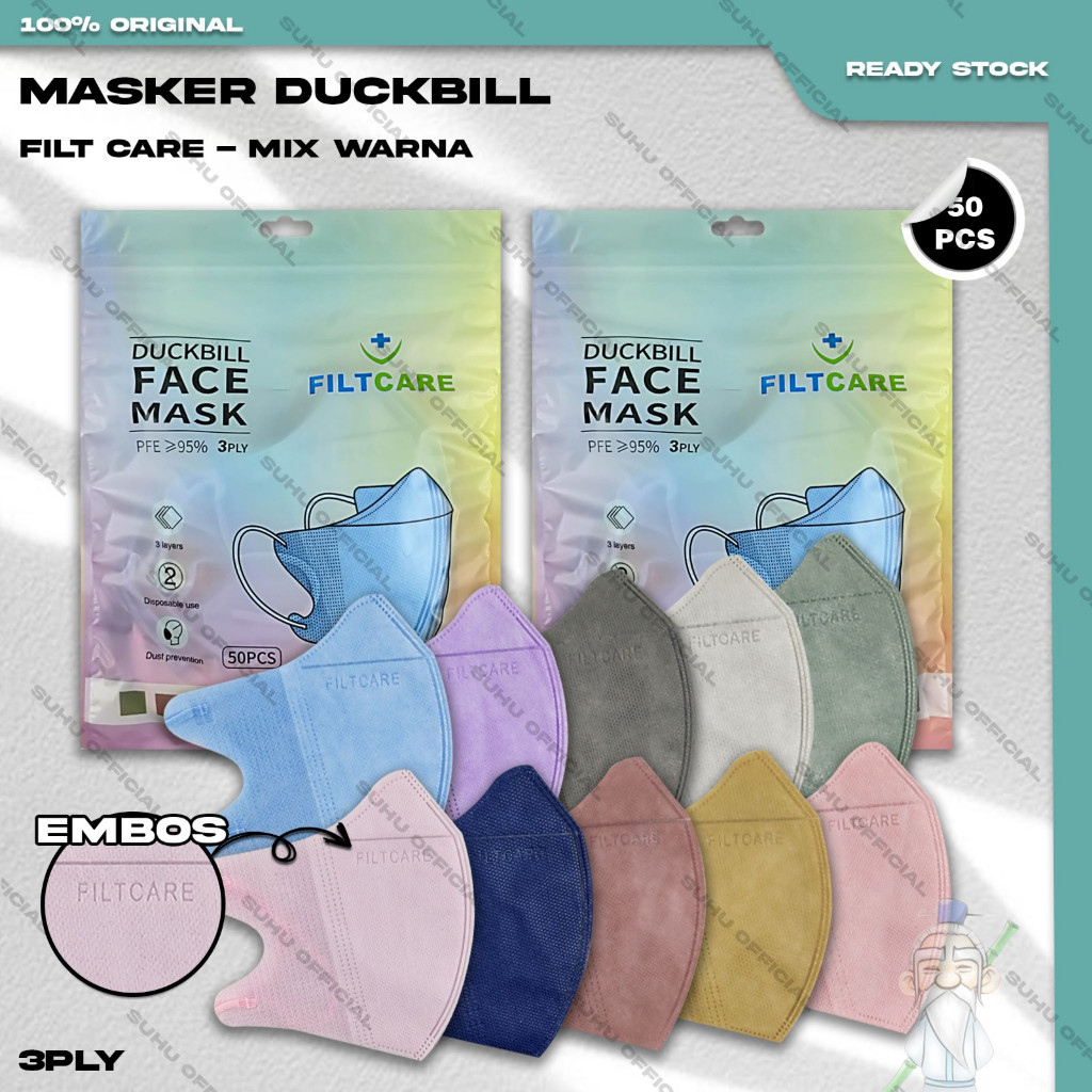 Masker Duckbil FILTCARE 3Ply isi 50Pcs Warna Mix Soft Nude Duckbill 3 Ply Earloop Surgical Mask Keme