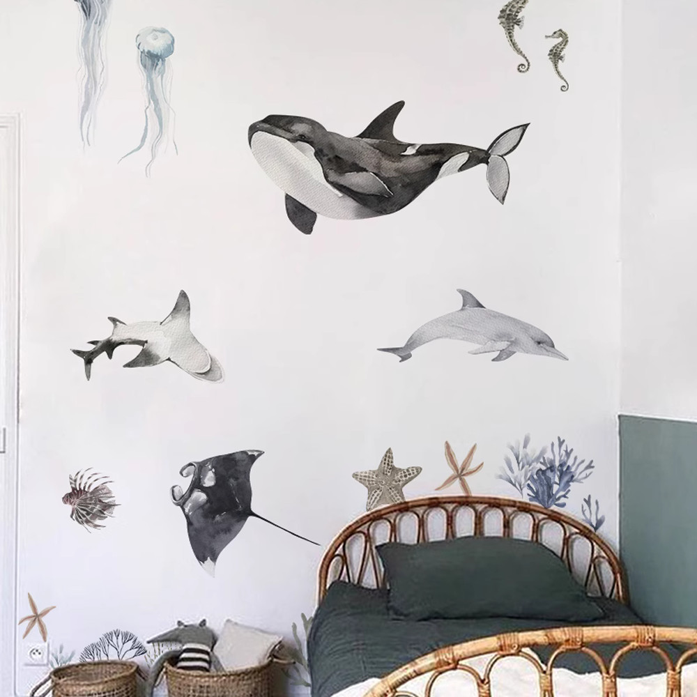 

Underwater World Fish Wall Stickers Waterproof Watercolor Coral Ocean Wall Decals for Bathroom Nursery Baby Room Home Decor