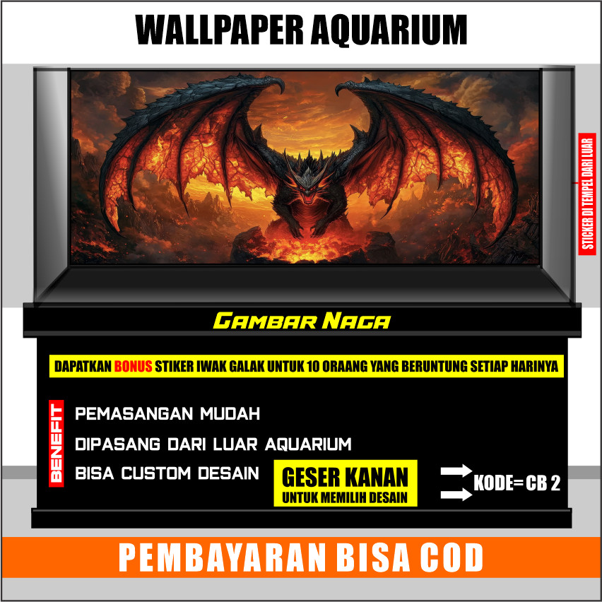 Sticker Aquarium, Background Aquarium 3D, Wallpaper Aquarium Belakang 3D Gambar Naga Dragon CB2