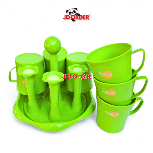 JDO-GR Set 6Pcs Cangkir Mug 300ml dan Stand Gelas Air Minum Plastik Hijau Golden Sunkist