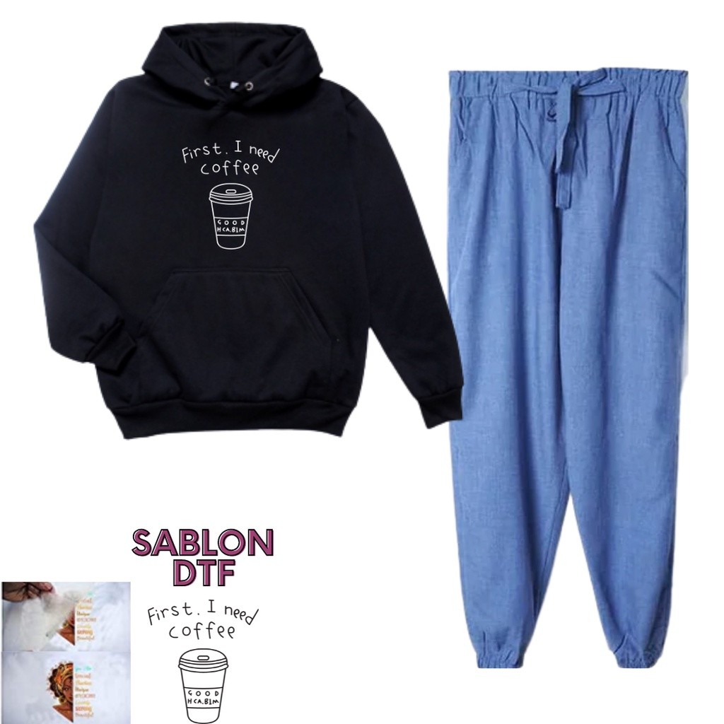 【HOT】 Baju 1 Set Setelan Wanita Remeja Hoodie First Coffe Dan Celana Model Denim Bahan Katun