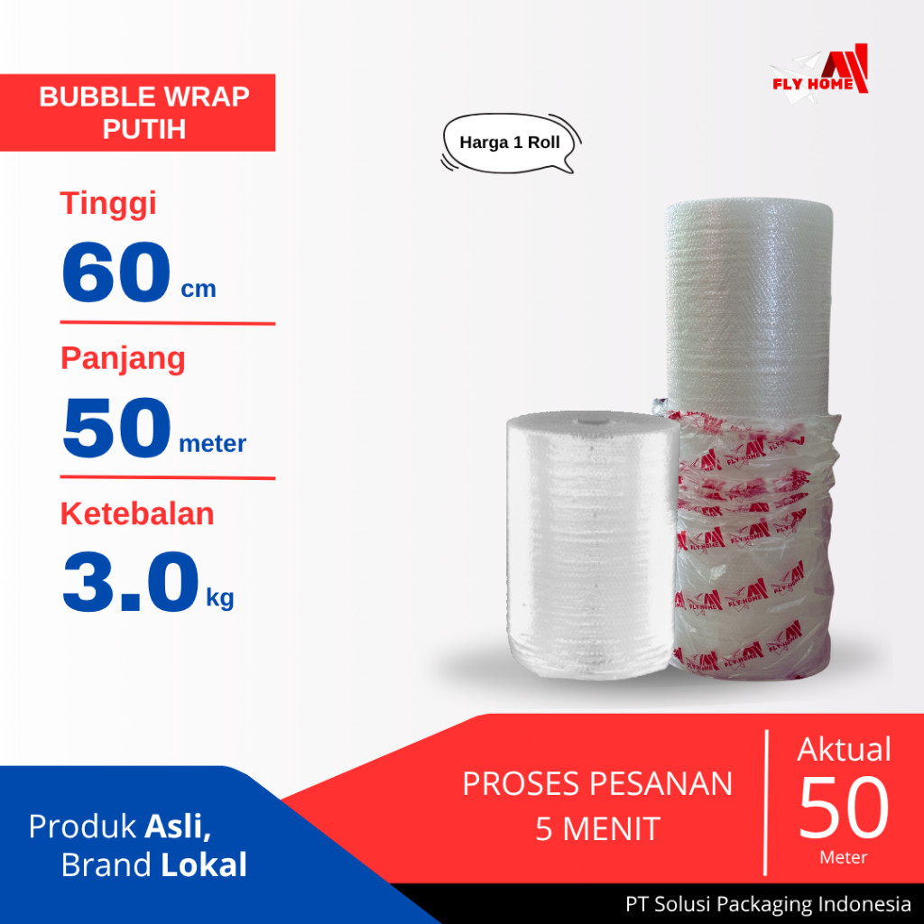

FLYHOME Bubble wrap 60cm potongan 2,7kg putih 1 roll besar 60x50M