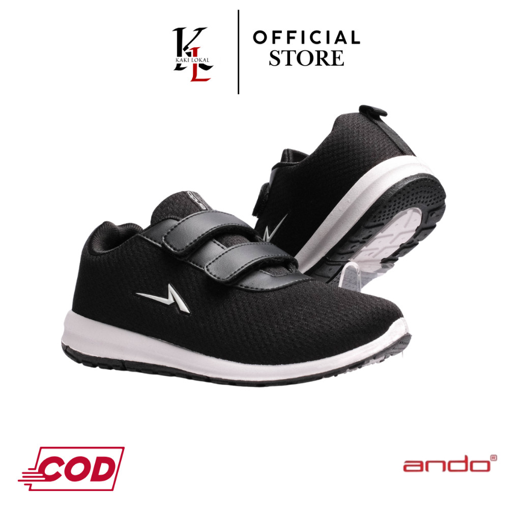 Sepatu Sekolah Hitam Putih Perekat Original Ando - Ando Nitta V Hitam Putih