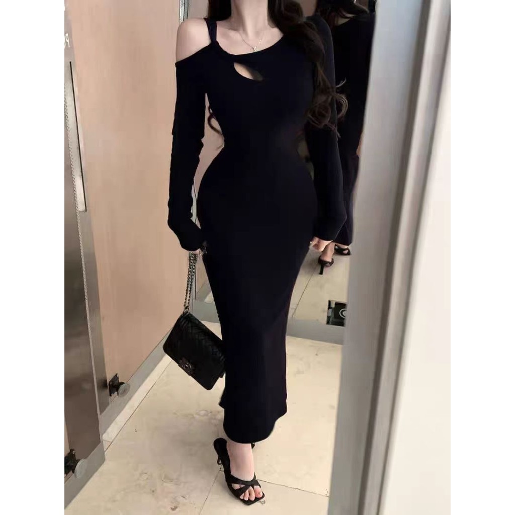long dress press body  wanita kekinian hitam dress style evening polos lengan panjang pantai korean 