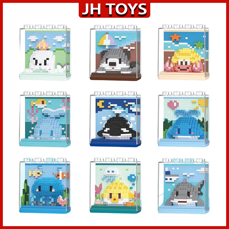 JH TOYS Organisme Laut Hiu Ikan Buntal DIY Nano Blok Model Pajangan Hewan Peliharaan Seri Dengan