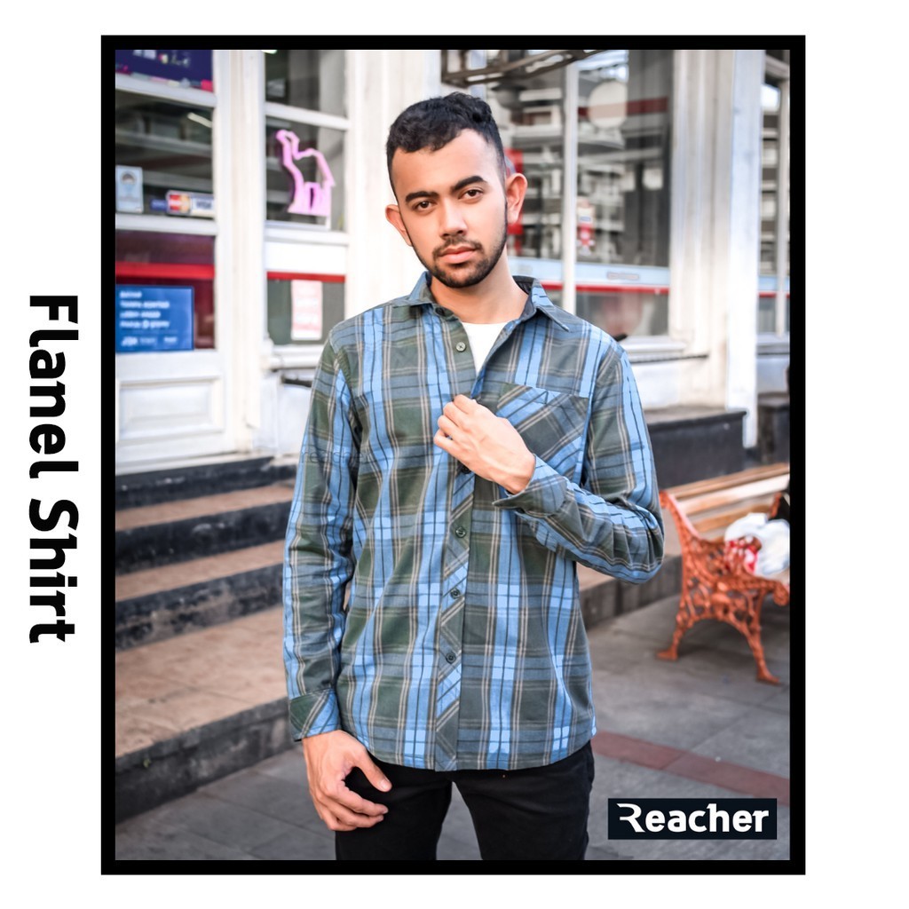 LIGHT BLUE FLANNEL SHIRT kemeja tangan panjang pria casual flanel kotak kotak cowok ANTI SUSUT
