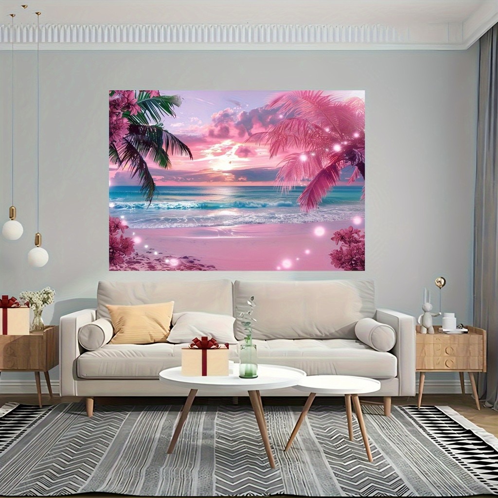 

Romantic Pink Sunset Hawaiian Beach Tapestry Tropical Seaside Palm Tree Decor Wedding Proposal Summer Event Photo Background
