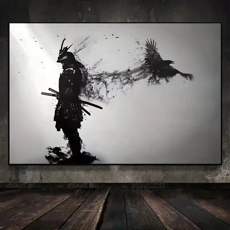 

Black and White Japanese Black Samurai Man with Crow Posters and Print Wall Art Canvas Painting for Living Room Cuadros Decor