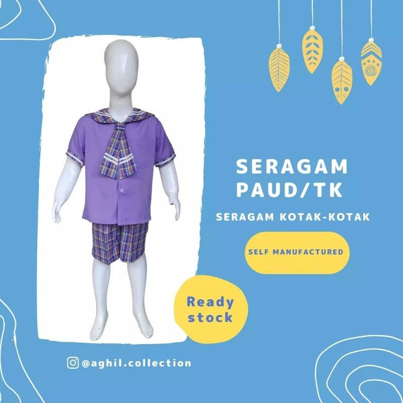 BROMSUNSHOP  Seragam TK/PAUD Baju TK/PAUD Kotak-Kotak Ungu Pendek