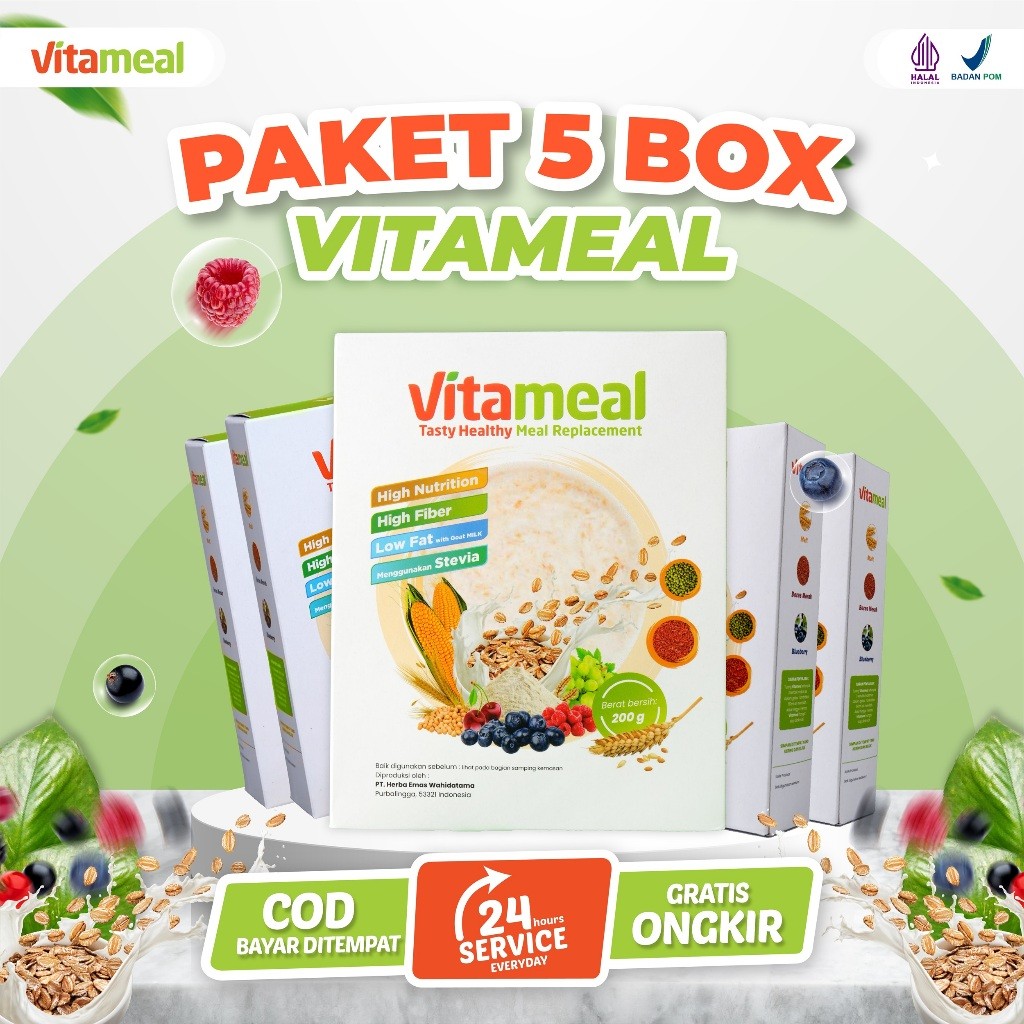 

NEW VITAMEAL Paket 5 Box Sereal Sehat Multigrain Menstabilkan Gula Darah Tinggi Menagkal Diabetes Kolesterol Asam Lambung Maag PREMIUM