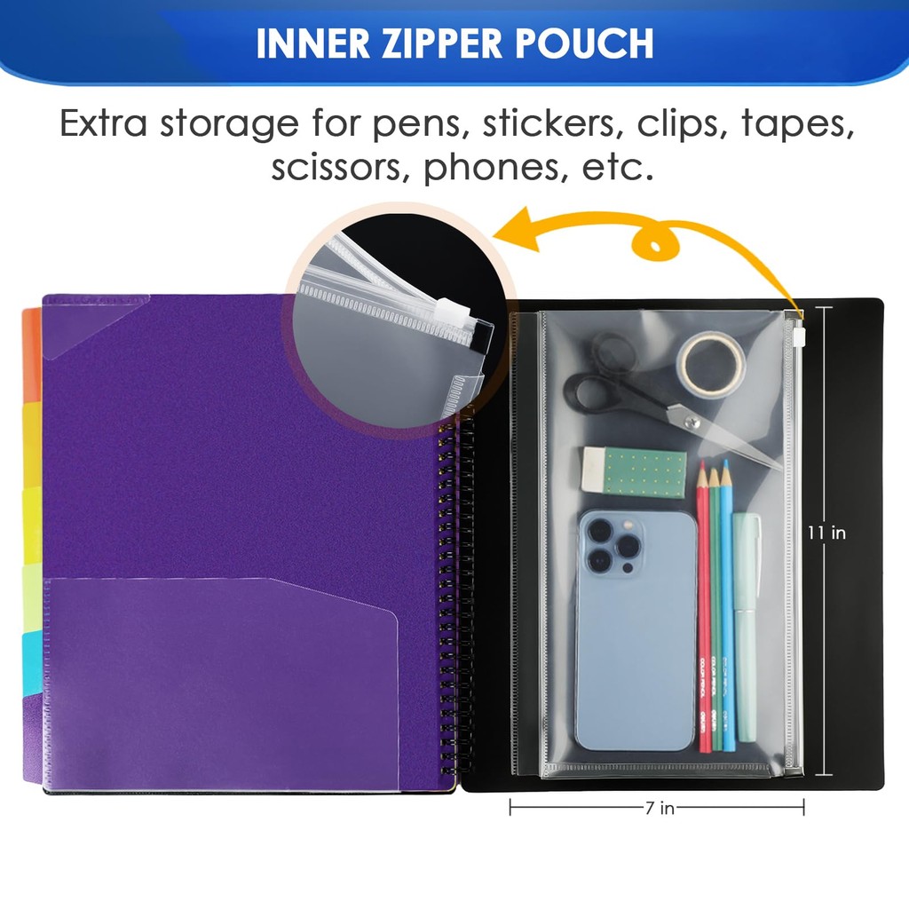 

12/24 Pockets Project Organizer, Folder Binder Spiral Pocket Storage Bag with Zipper Pocket, 6/12 Divider Pockets, Letter Size
