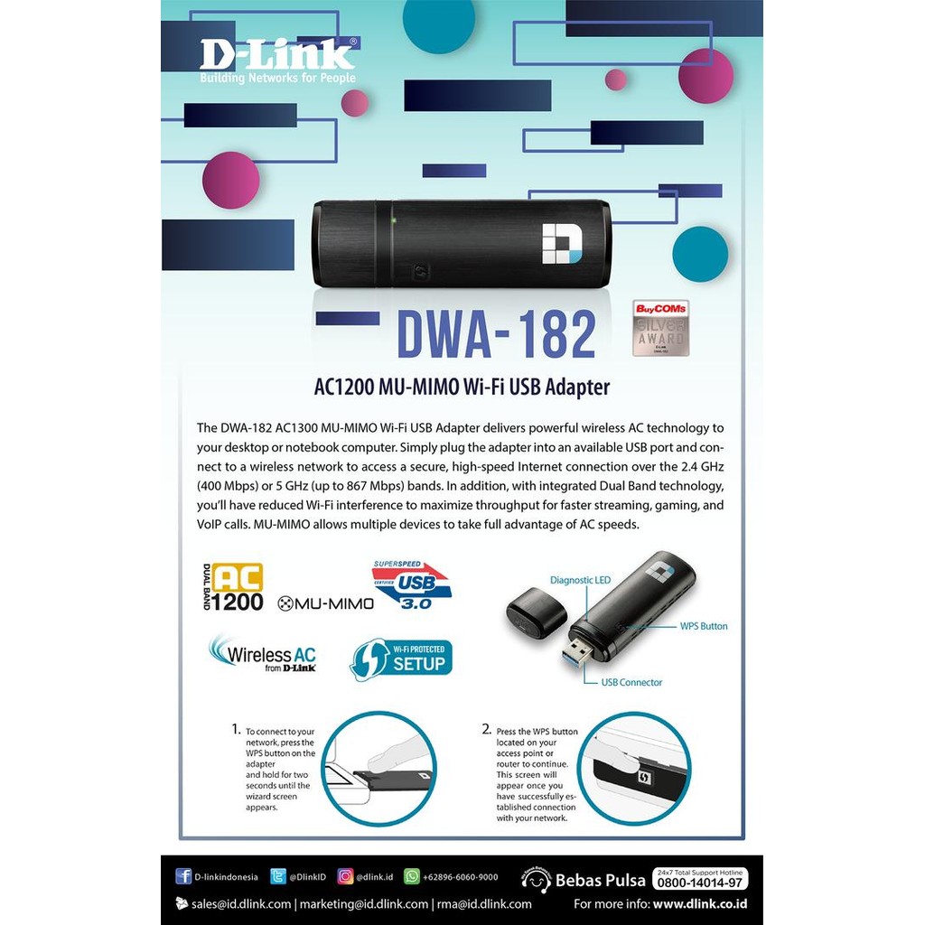 DLINK DWA-182 DWA 182 Wireless AC1200 Dual Band USB AdapterNew