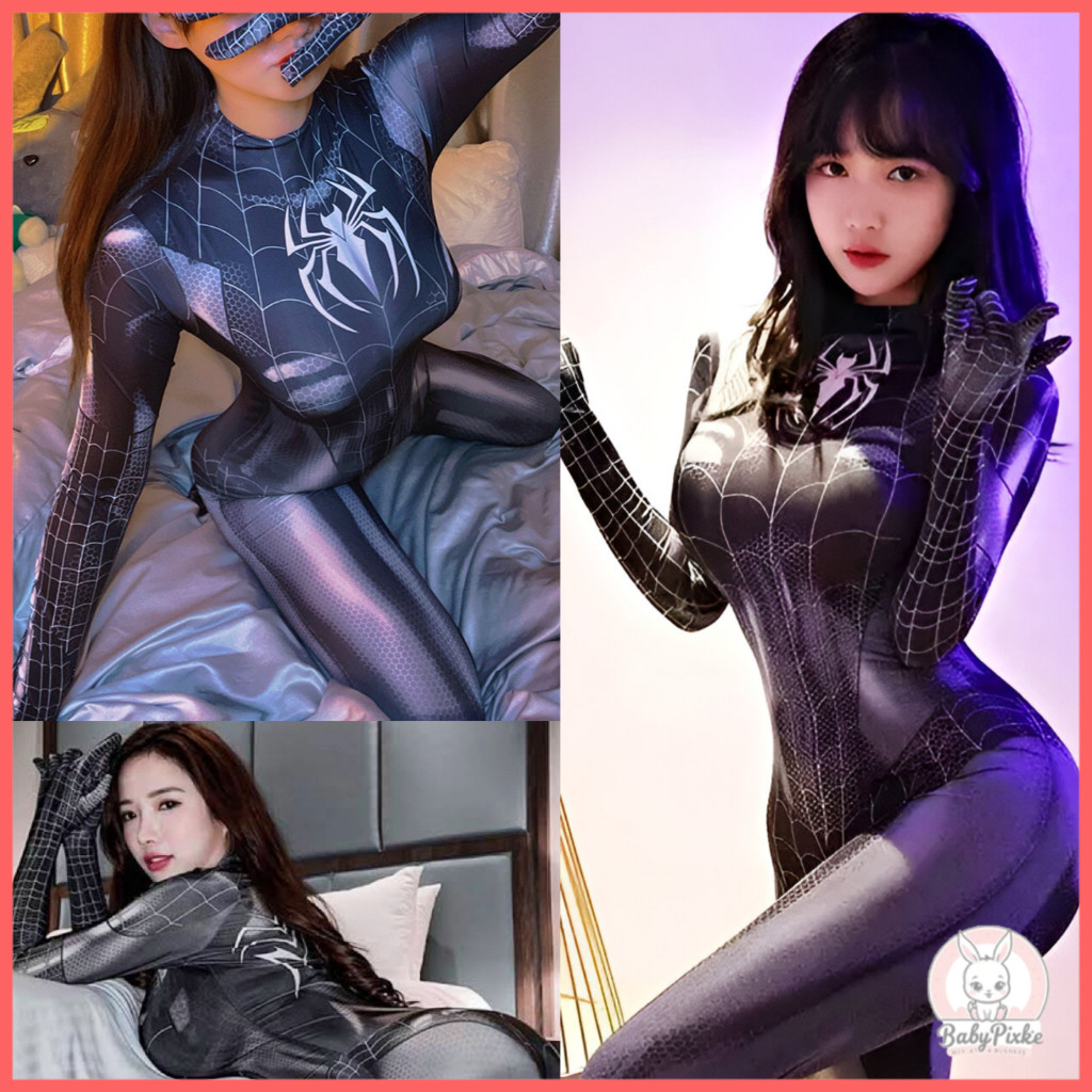 Cosplay Halloween Spiderwoman Bodysuit Wanita Kostum Spiderman Hitam Playsuits Jumpsuit Spiderman