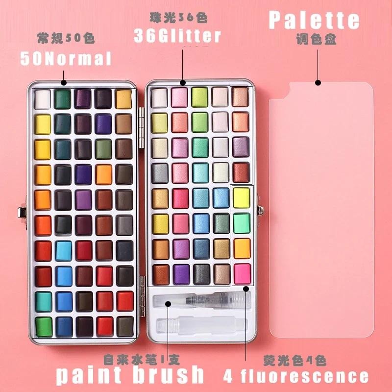 

50/90 Color Solid Watercolor Paint Set Glitter Portable Metal Box Watercolor Pigment squirrel hair brush nail art
