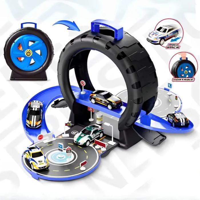 Track Mobil Mainan Anak Laki-Laki Bentuk Ban Portabel Garasi Mini Lipat + Mobil Diecast Kids Toys Ka