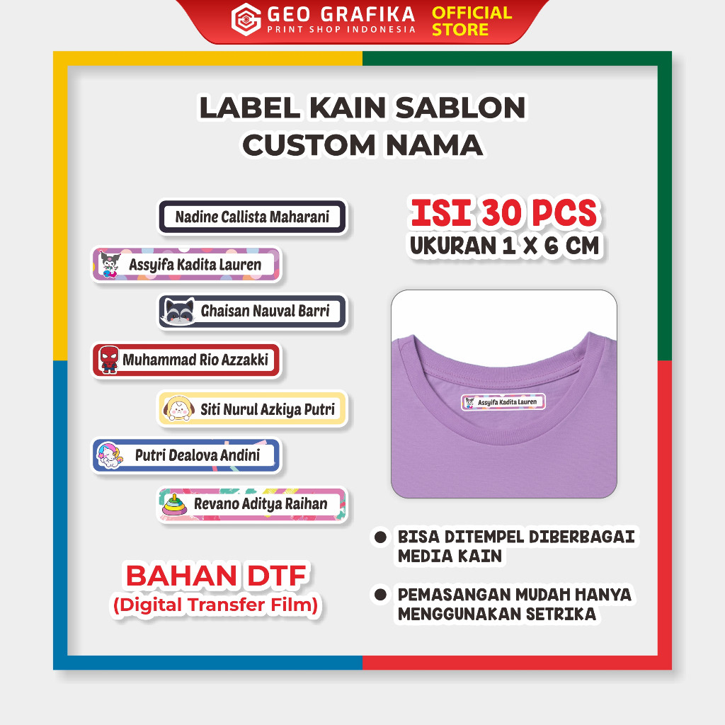 

Label Kain Sablon DTF Custom Nama Isi 30 Pcs - Geo Grafika Print Shop