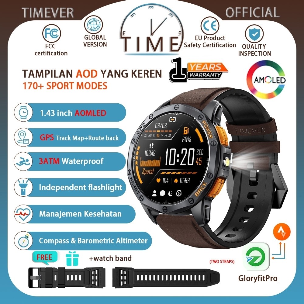 TIMEVER TR1PRO | gps map | AOD Layar smartwatch | lampu senter | jam tangan pintar | tahan air 3ATM 