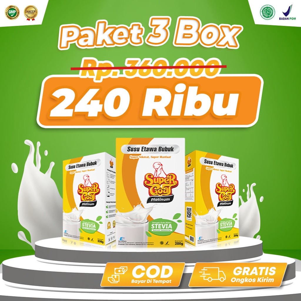 

Supergoat Susu Kambing Etawa Platinum Stevia Minuman Bubuk Milk Powder Mencegah Diabetes 3 Box