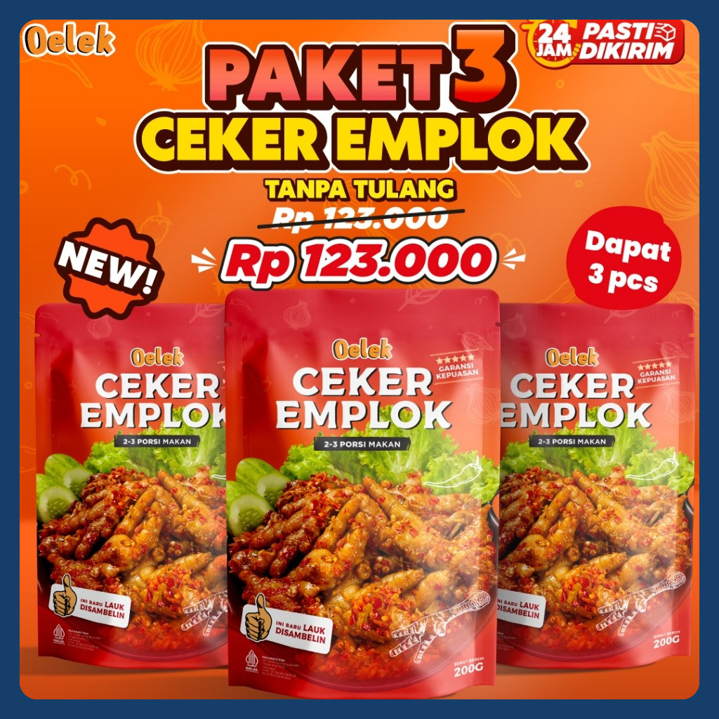 

Oelek Paket Bertiga Ceker Emplok Mercon Tanpa Tulang / Ceker Mercon Pedas / Lauk Siap Saji / Makanan Instant Food / Lauk Sambal