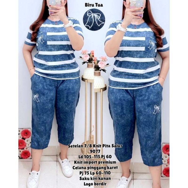 Setelan 7/8 Kulot Knit Salur LD105-115 Kombinasi Washing Jeans Pita Celana Pinggang Karet