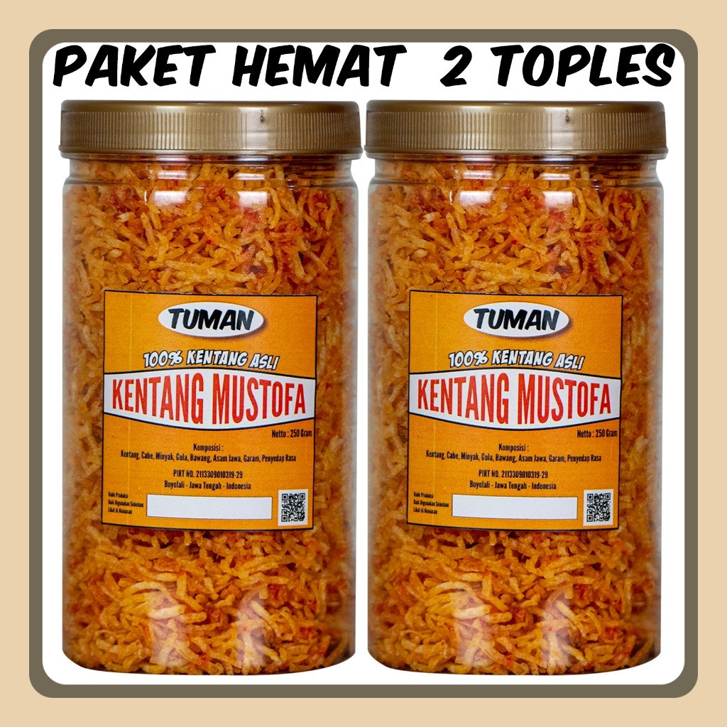 

Cemilan Tuman Kentang Mustofa Pedas Manis dan Original Paket Hemat 2 Toples 1000ml Renyah Crispy