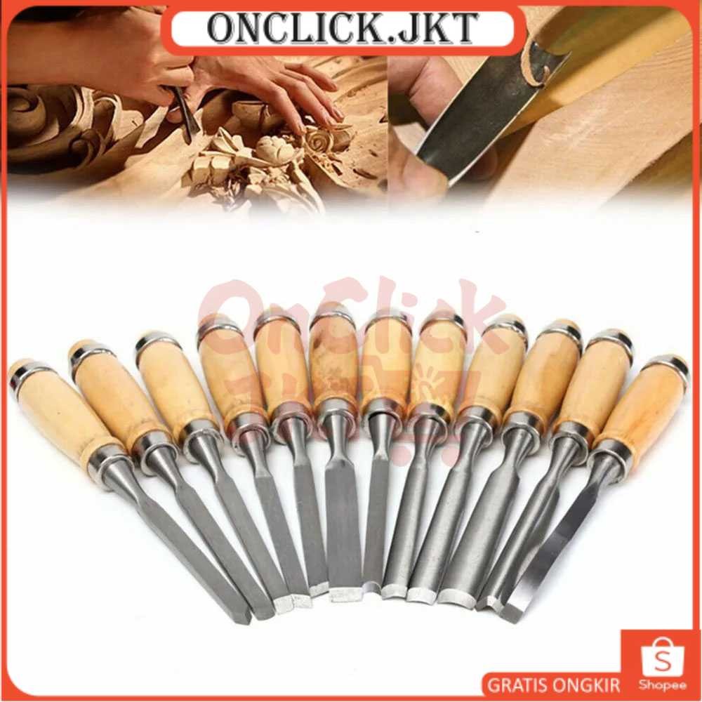 Set Pisau Ukir Pahat Kayu 12in1 Alat Pahat Mini Kayu Kerajinan Tangan Stainless Handle Kayu