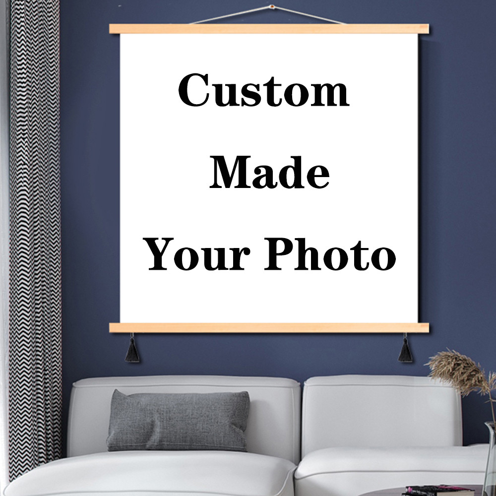 

1pc Custom Photos Solid Wood Hanging Framed Scroll Painting Print Your Photos on Canvas Birthday and Gift Wall Art