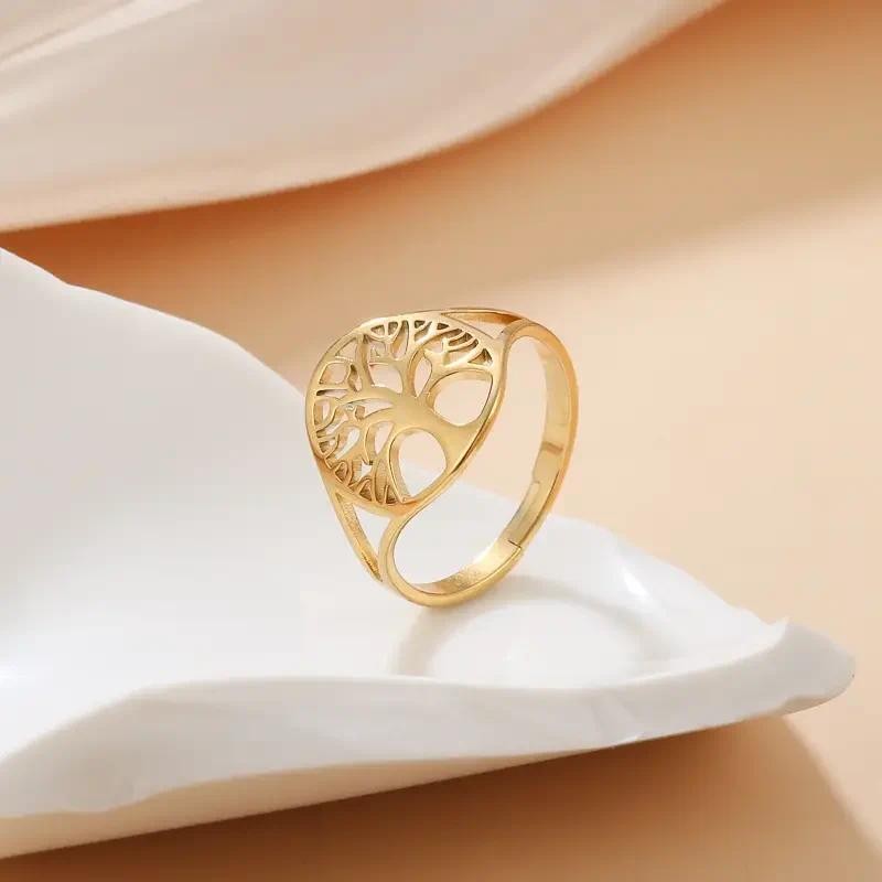 

Tree Of Life Hollow Pattern Open Ring Adjustment Plated Luxury Stainless Steel Jewelry Party Holiday Decor For Women Girls Gift
