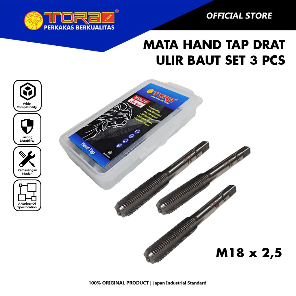 TORA Mata Tap Ulir Baut Set 3 Pcs M18 x 2,5 - Hand Tap Drat Baut Rusak Dol Set - Pelubang Baja Besi