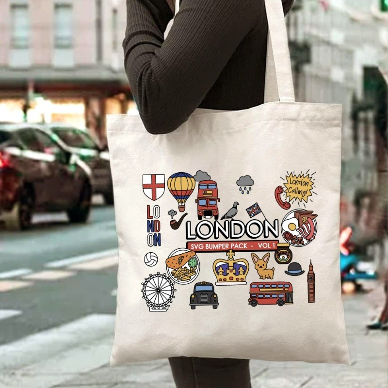 London Theme Canvas Tote Bags Trendy Women Shoulder Handbag Large Capacity Shopping Bag Fashion Girl