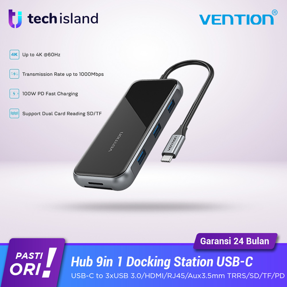Vention Hub Multiport 9in 1 Docking Station USB-C to HDMI TRRS VGA PD 100W Acrylic TFL