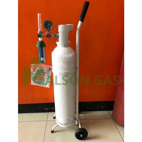Tabung Baru 1.5M3 Isi Oksigen + Regulator Medis Oksigen + Trolly Tabung Oxygen