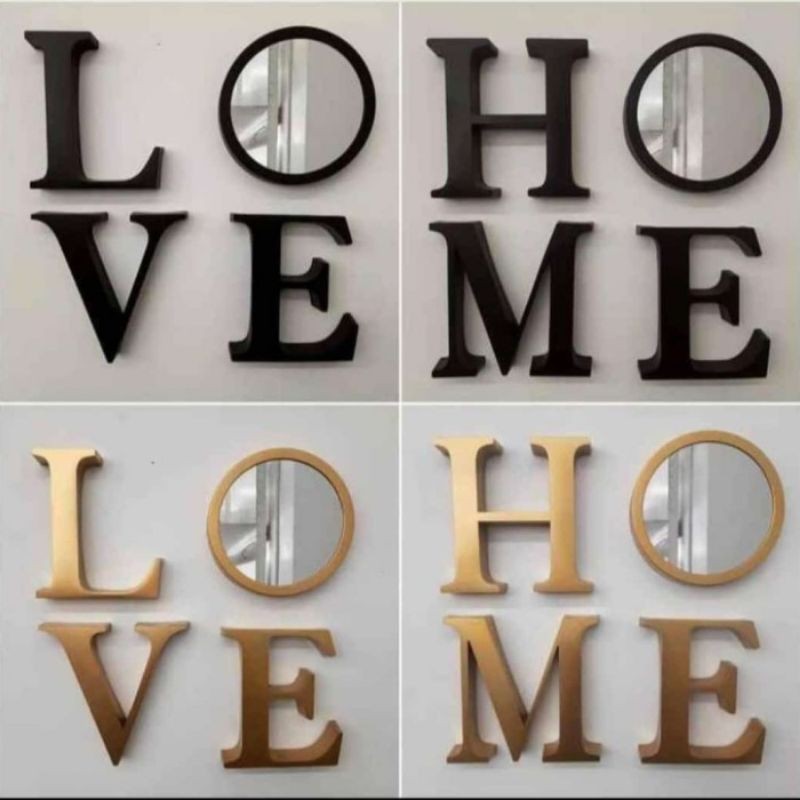Hiasan Dinding Love & Home, Cermin/ Jam Set 4 Pcs