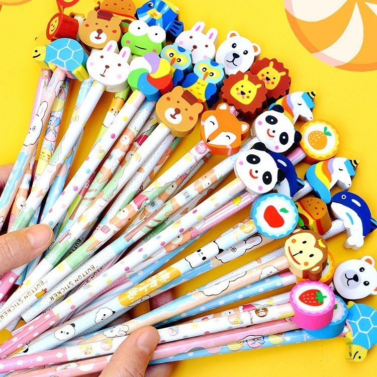 PENSIL LUSIN KARAKTER LUCU ISI 12PCS / PENSIL KARAKTER + PENGHAPUS / PENSIL ANAK SEKOLAH / 1 LUSIN P