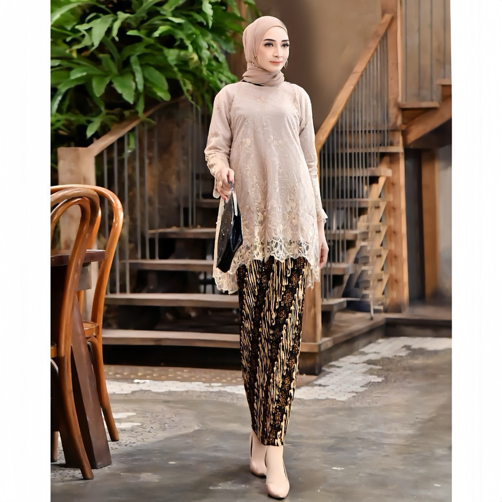 Kebaya Modern Tunik Brokat Bawahan Rok Plsiket Baju Kebaya Wisuda Lamaran